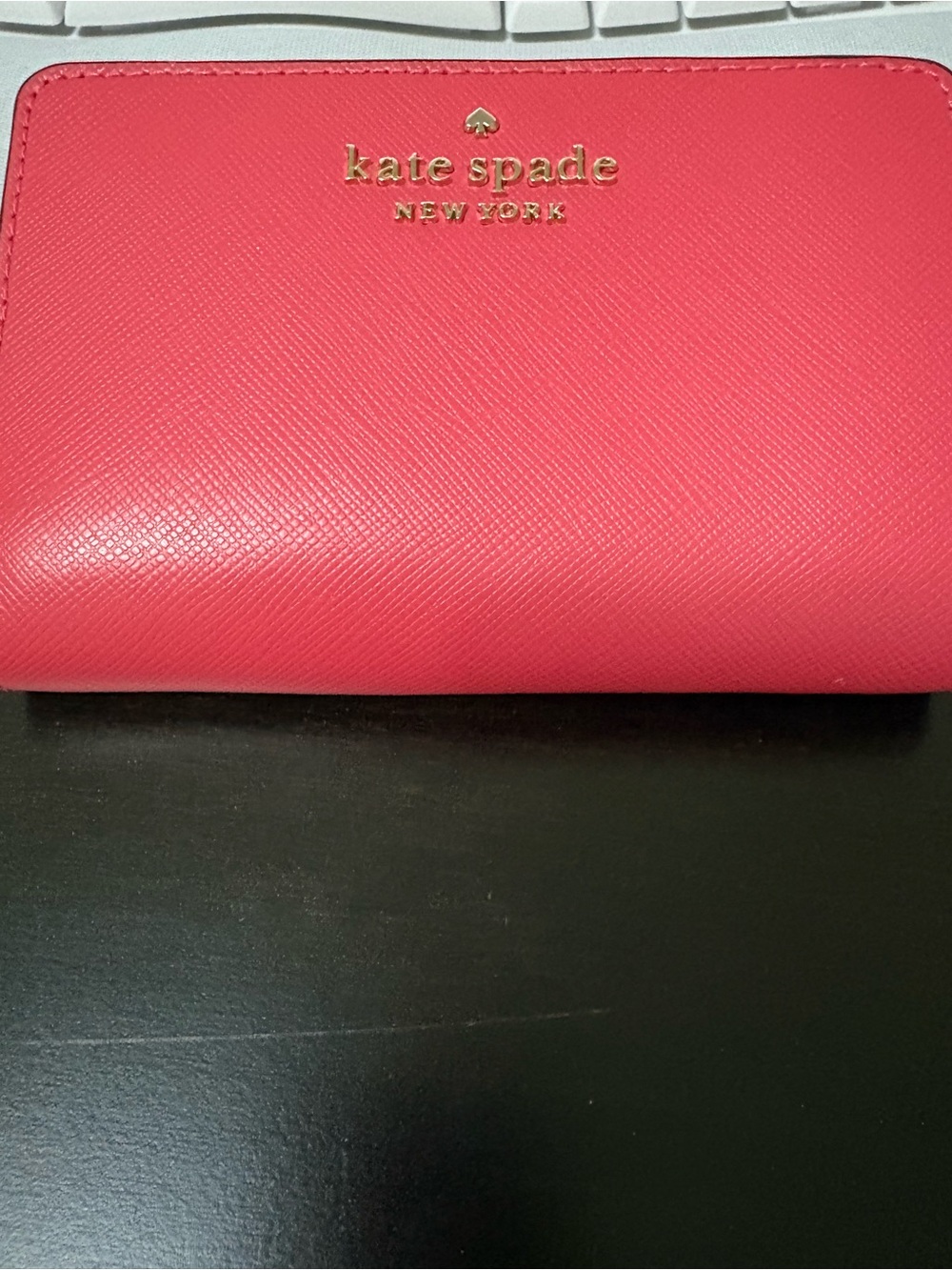 kate spade Coral Pink Saffiano Leather Wallet with Gold Logo